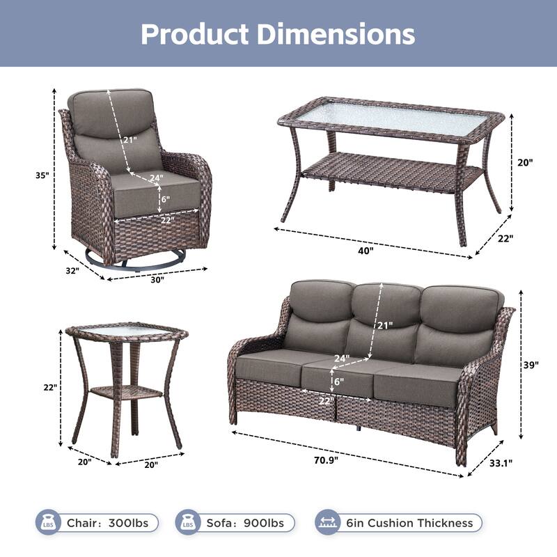 Meyreso 7-Piece Wicker Patio Conversation Set with Swivel Gliders and 6-Inch Thick Cushions