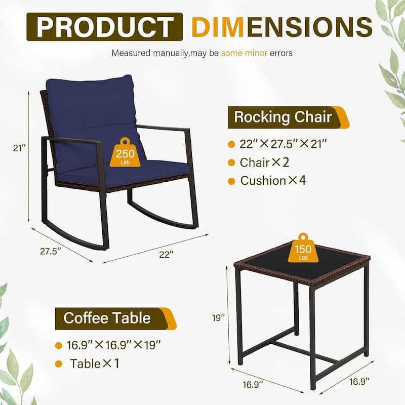 SUNCROWN 3-piece Outdoor Patio Brown/Black Wicker Rocking Chairs Conversation Bistro Set