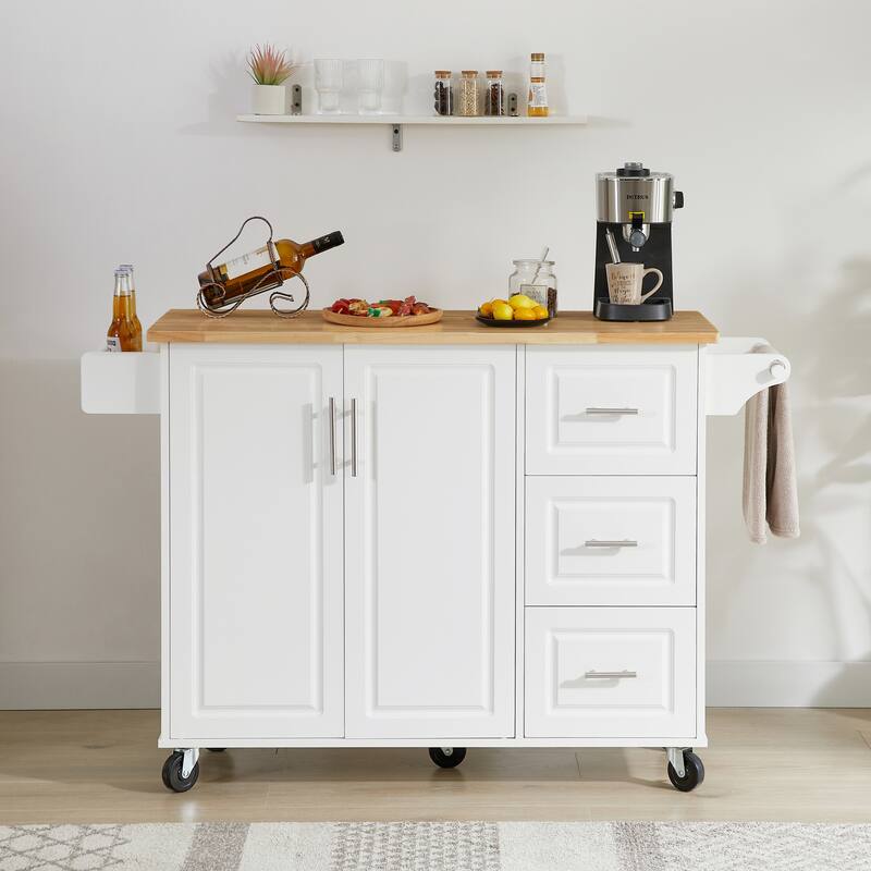 Anmytek White Rolling Kitchen Cart with Bamboo Top Drop Leaf Mobile Island Storage for Small Spaces