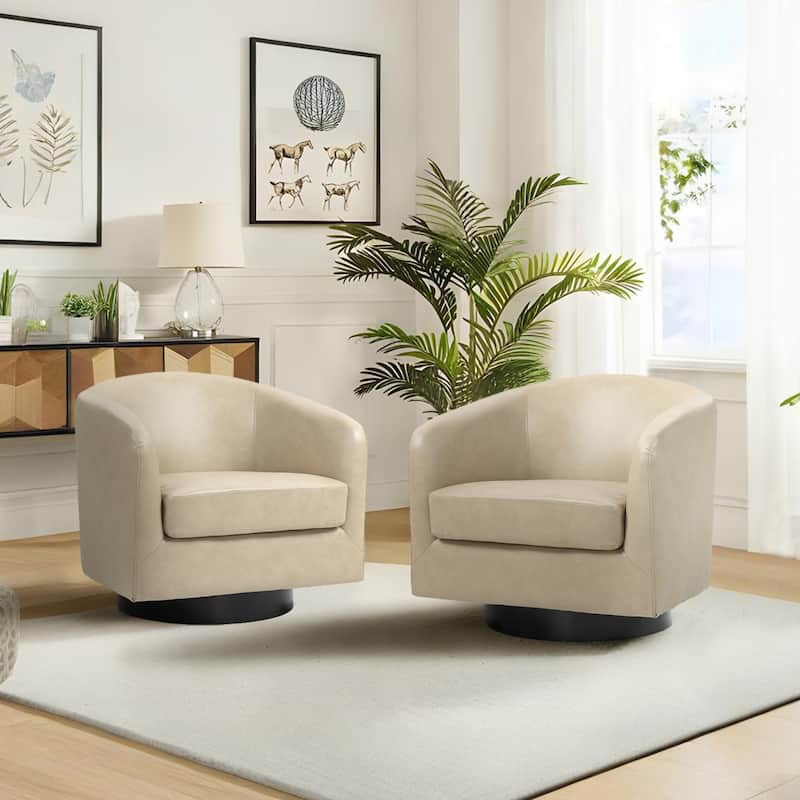 Modern Upholstered Swivel Barrel Club Arm Accent Chair for Living Room - 2 Set - Cream-Faux Leather