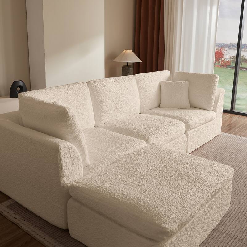 L-Shaped Convertible Cloud Sectional Sofa, Oversized Chenille Fabric Compressed Sofa, Modular 3 Seater Sofa with Ottoman