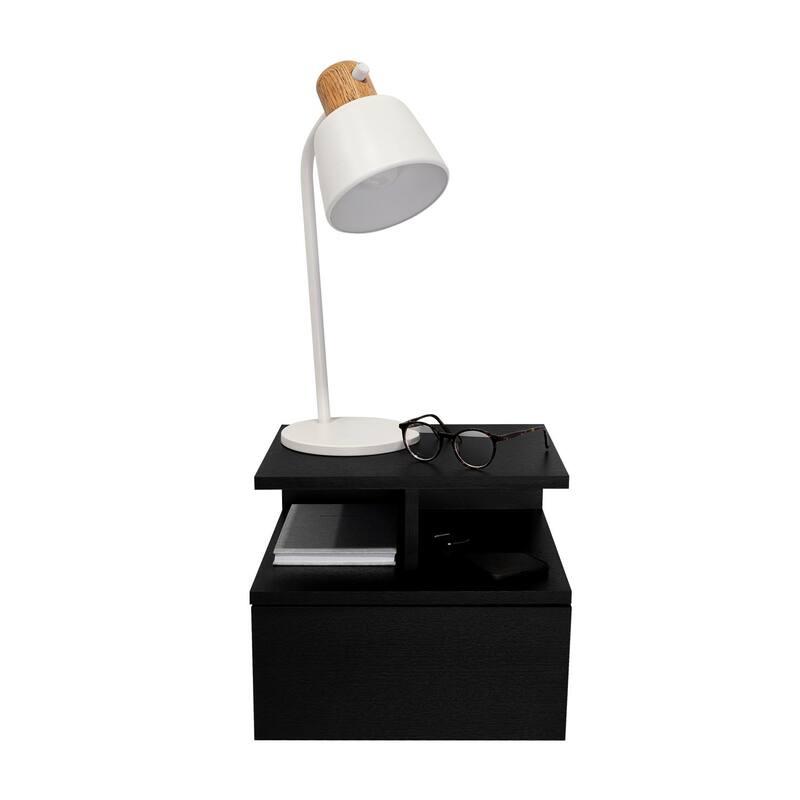 Floating Nightstand with Drawer and Open Shelves, Wall-Mounted Space-Saving Design