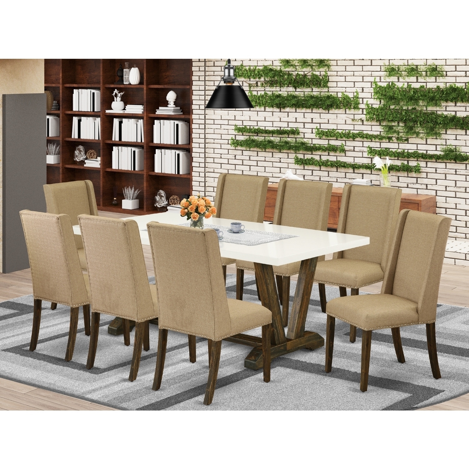 Modern Dining Table Set - 9 Piece Rectangular Table & Parsons Chairs - Solid Wood Frame
