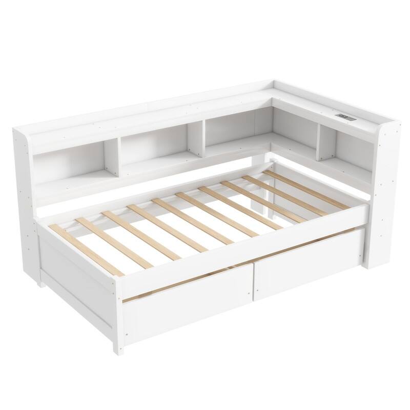 Twin Size L-shaped Bookcases Bed with Power Outlets, USB Charging Ports,2 Drawers