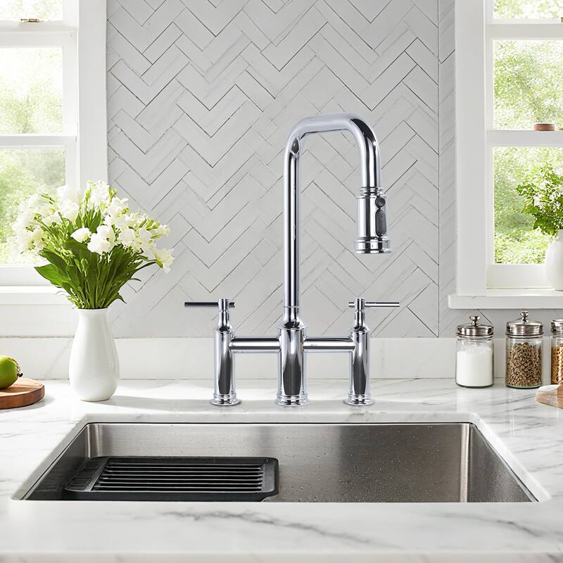WOWOW Double Handle Bridge Kitchen Faucet with Advanced Spray