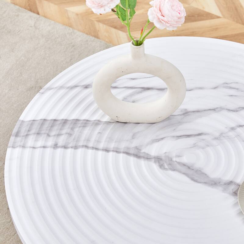 31.5 Inch Elegant White Marble Pattern Round Dining Table - Suction Molding Annular Texture, Durable and Water-Resistant