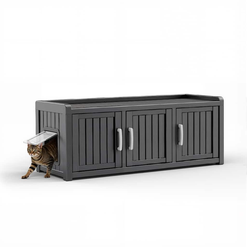 Multi-Door Cat Cabin & Storage Cabinet, Resin Shoe Rack Style Pet House with Hidden Entry