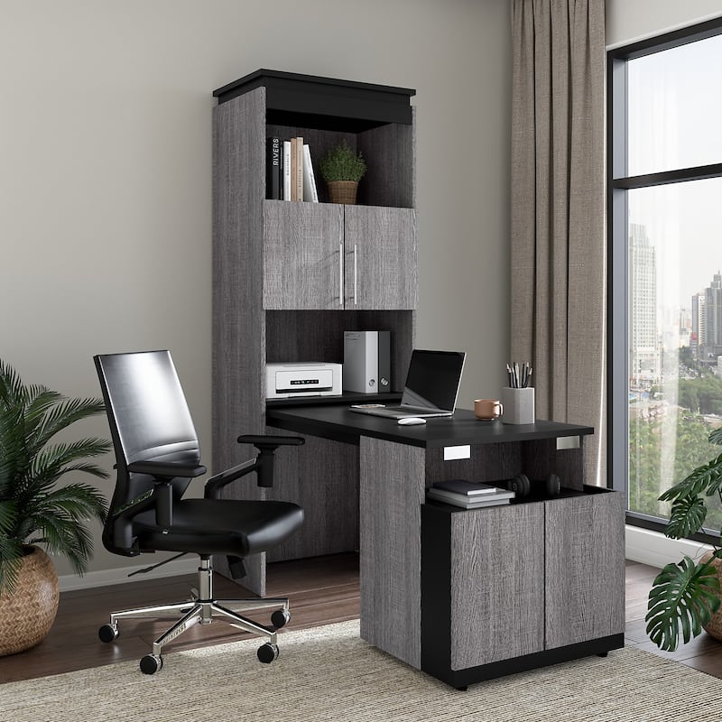Orion 30W Tall Storage Cabinet with Doors and Fold-Out Desk by Bestar - Bark Grey/Graphite