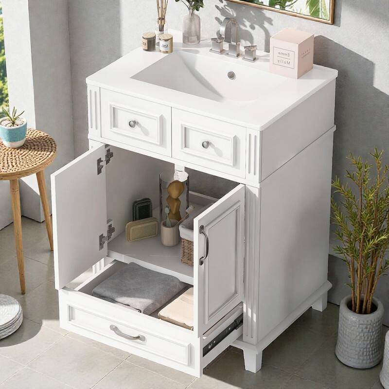 24" Solid Wood Frame Bathroom Vanity with Ceramic Sink and Soft-Close Doors