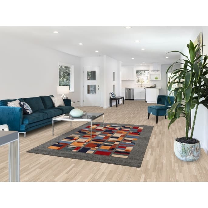 Geometric Grey Modern Indian Area Rug Handmade Wool Carpet - 5'3" x 7'7"