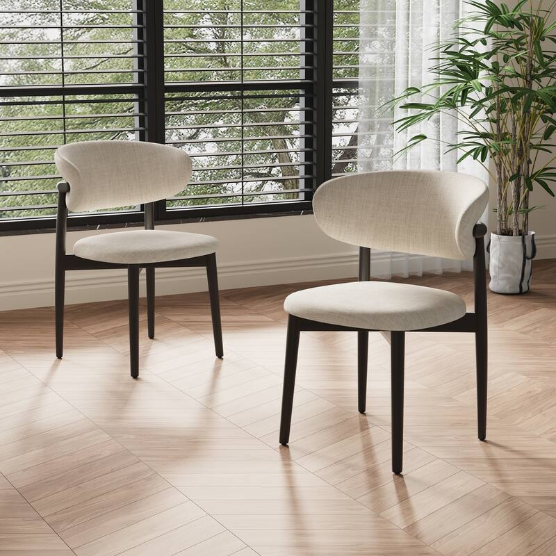 Mid-Century Dining Chair, Solid Wood Legs, Kitchen Chairs with Beige Cotton & Linen Fabric, Fully Assembled