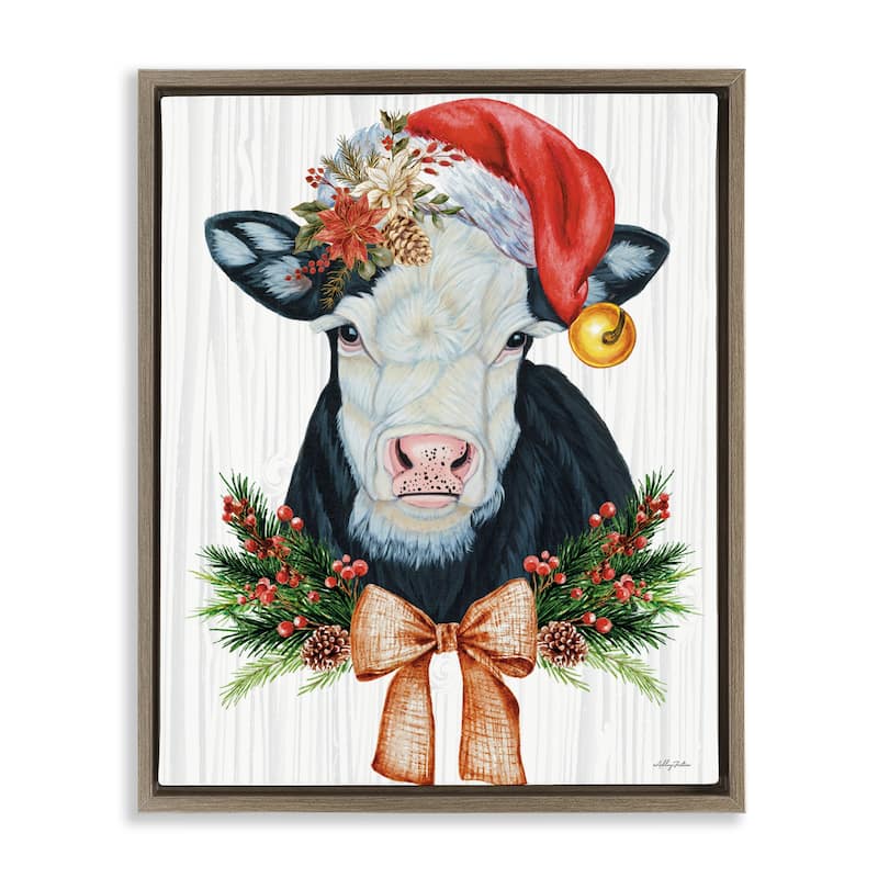 Stupell Festive Cow in Christmas Hat Framed Floater Canvas Wall Art Design By Ashley Justice - 25 x 31 - Brown