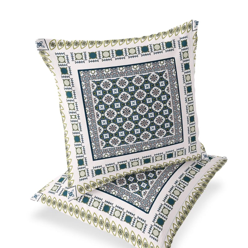 HomeRoots Set of Two 16" X 16" Green and White Blown Seam Floral Indoor Outdoor Throw Pillow - 16.00' X '16.00' X '5.00
