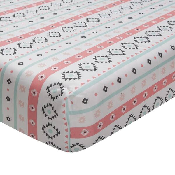 slide 2 of 4, Lambs & Ivy Little Spirit White/Coral/Mint Southwest Geometric Stripe 100% Cotton Baby Fitted Crib Sheet