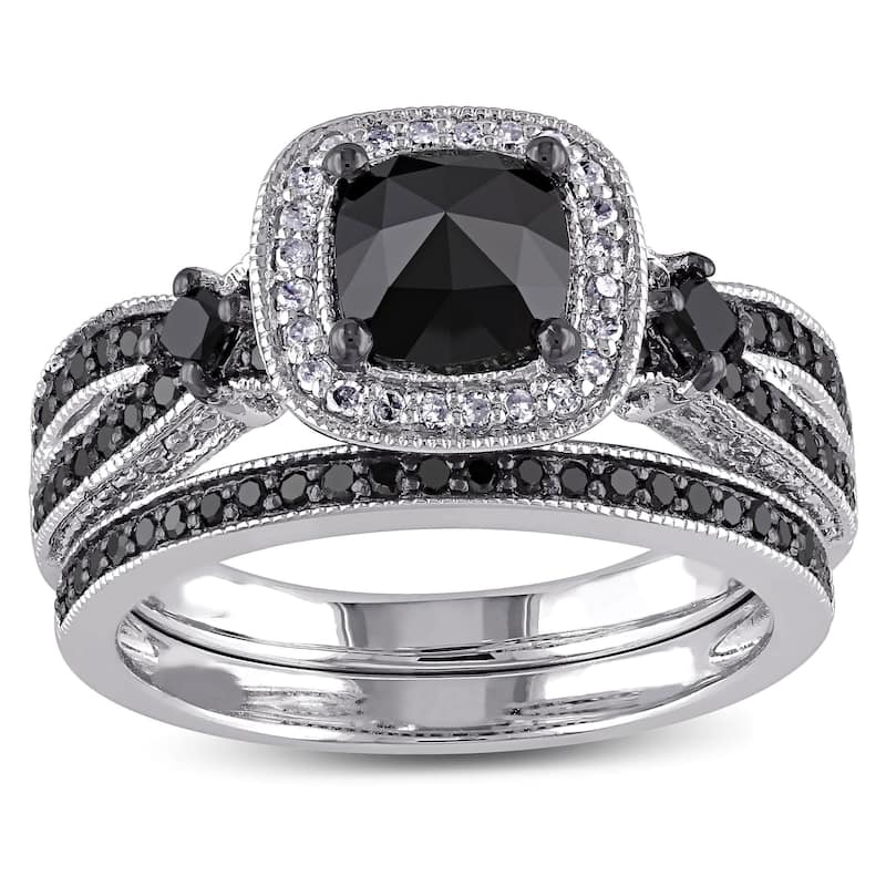 Miadora Signature Collection Sterling Silver with Black Rhodium 1 1/2ct TDW Black and White Diamond Split Shank Bridal Ring Set