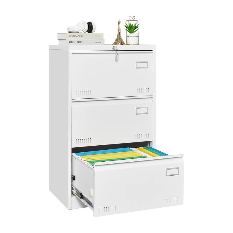 Anmytek White 3 Drawer Lateral Locking Metal Filing Cabinet for Home Office Legal Letter A4 F4 Storage