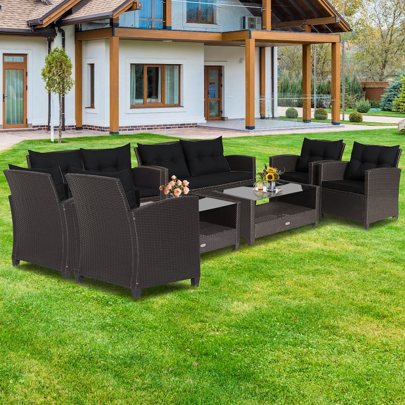 Costway 8 PCS Patio Rattan Furniture Set Glass Table Shelf Sofa - See Details - Black