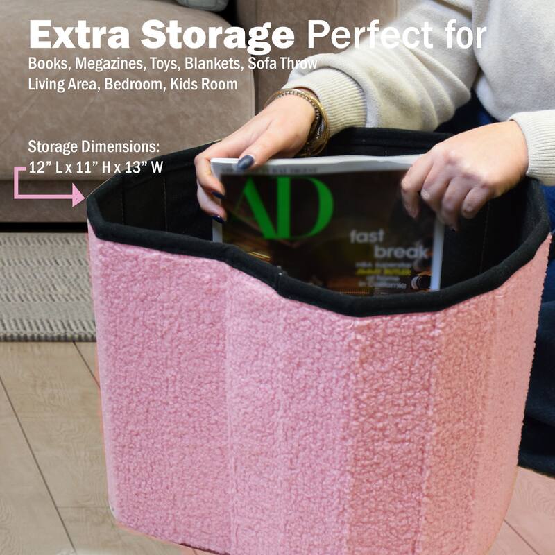 Pink Heart Soft Teddy Boucle Storage Ottoman Foot Stool with Tray Lid