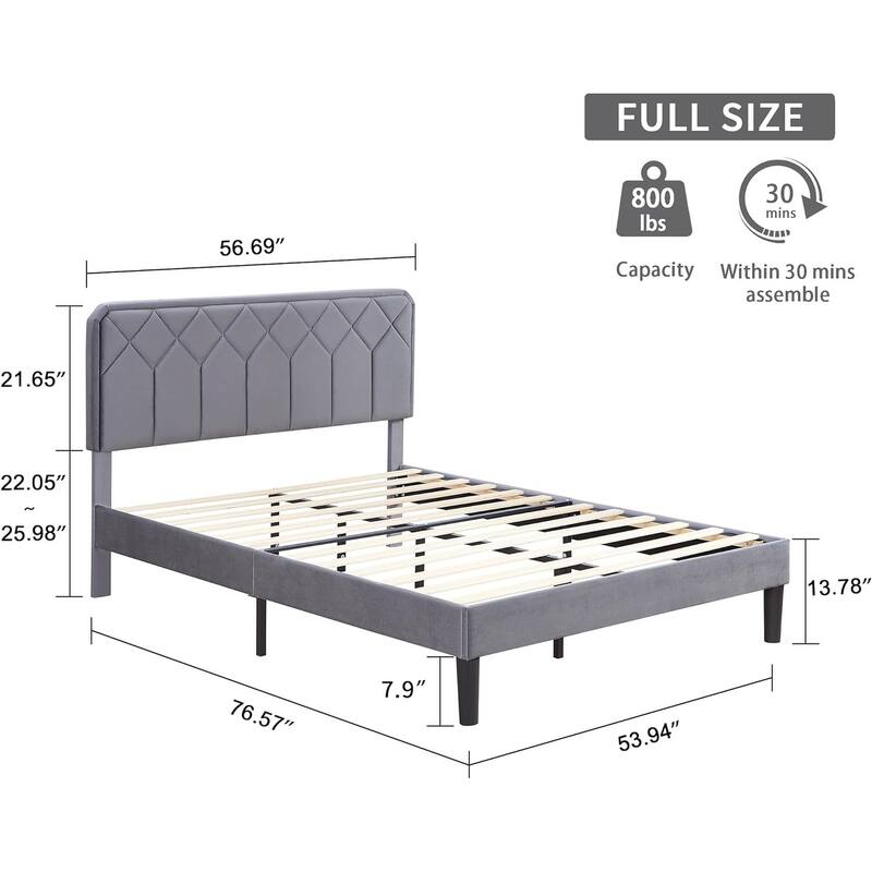 VECELO Adjustable Height Velvet Headboard Grey Bed Frame with Diamond Tufted Twin/Full/Queen Sizes Frame with Center Support Leg
