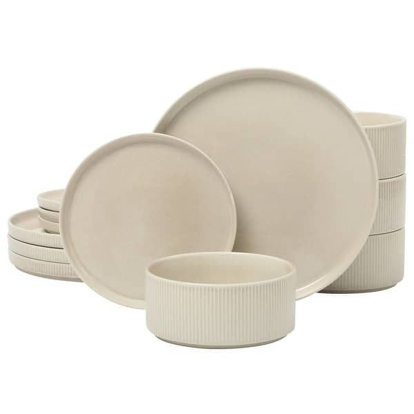 Gibson Elite Solana Coast 12 Piece Stoneware Reactive Glaze (Service for 4) Plates and Bowls Modern Shape Dinnerware Set - Cream White