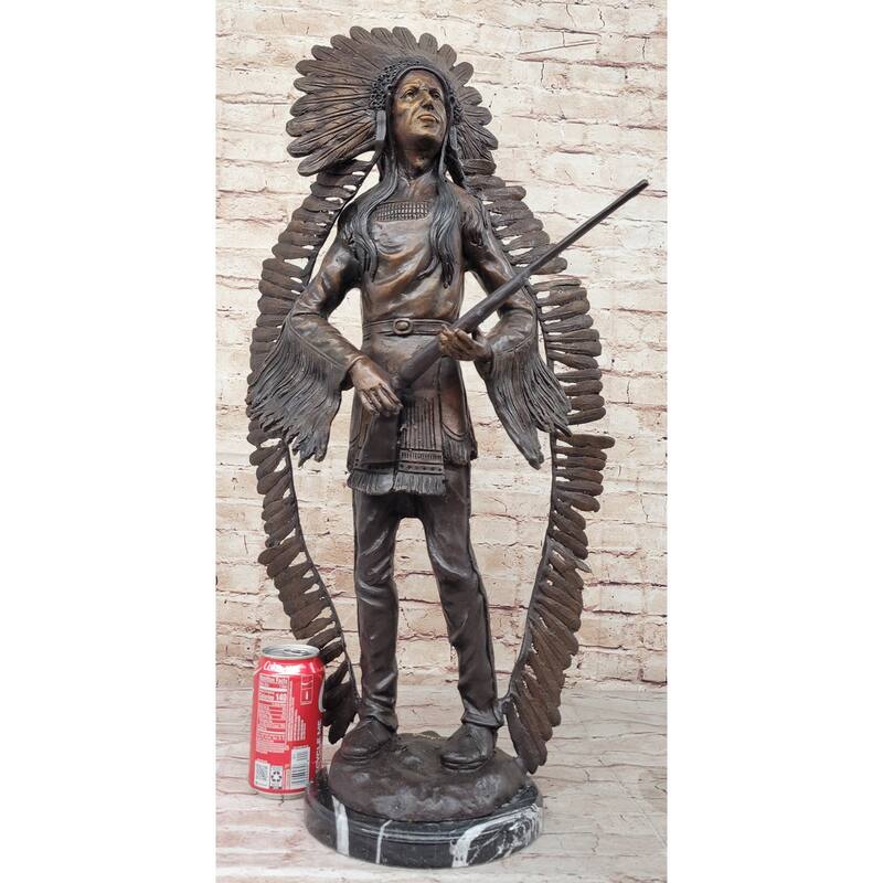 Native American Indian Warrior W/ Rifle Bronze Statue Sculpture Western Decor