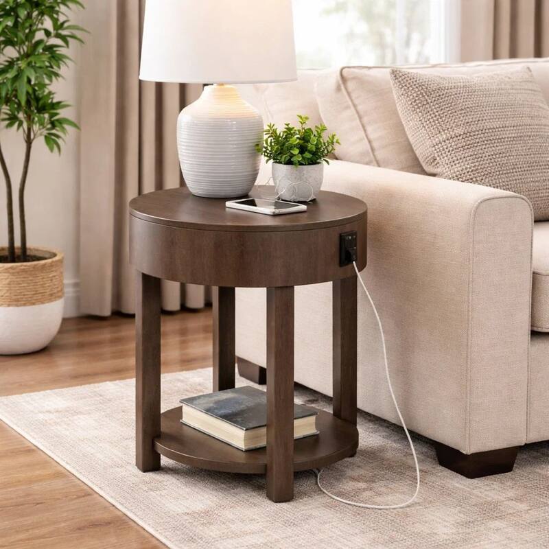 Yoel 20 Inch Modern End Table with USB Ports and Shelf, Brown Wood