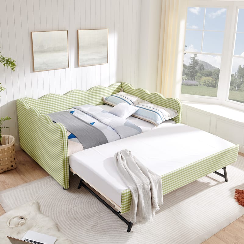 Upholstery Daybed Full Size Sofa Bed with Twin Size Trundle and Charging Ports, Linen Fabric Plaid Pattern and Wavy Silhouette