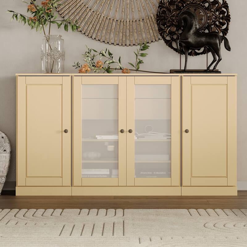 Palace Imports 100% Solid Wood 65" Sideboard with Solid, Frosted Glass Doors, 2-Drawers and Adjustable Shelves