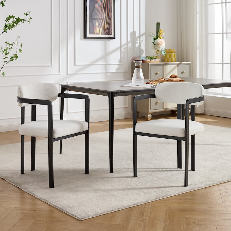 Modern Dining Room Chairs Set of 2, Mid-Century Upholstered Boucle Kitchen Dining Chairs With Black Metal Legs