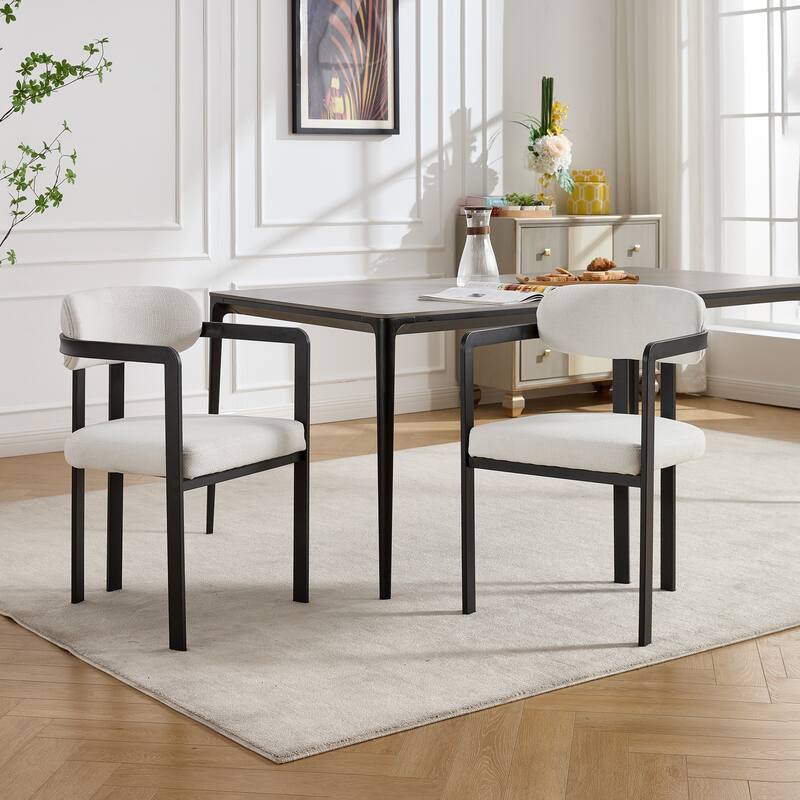 Modern Dining Room Chairs Set of 2, Mid-Century Upholstered Boucle Kitchen Dining Chairs with Black Metal Legs