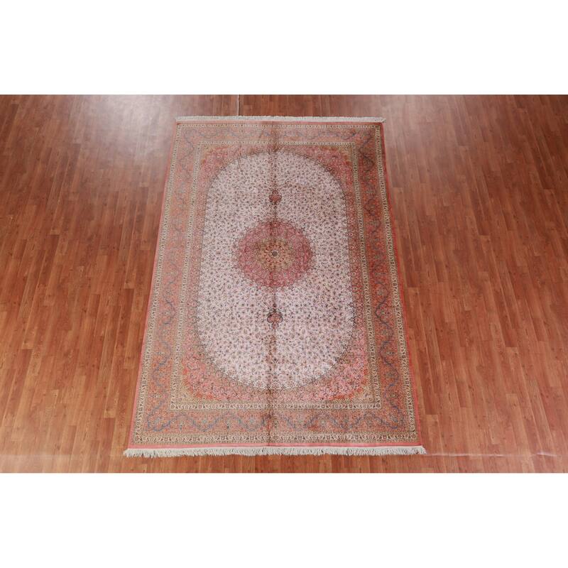 Hand Knotted Oriental 100% Silk Carpet Traditional Floral Beige & Ivories Qum Area Rug - 9' 11'' X 6' 5''