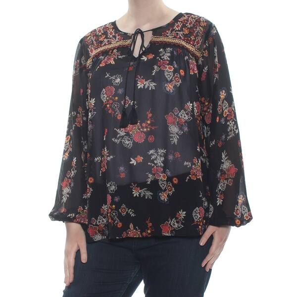 Shop Planet Gold Womens Black Sheer Tassle Floral Long Sleeve
