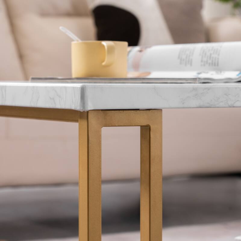 White and Gold Rounded Coffee Table with Faux Marble Top and Metal Legs Perfect for Living Room - 39.73 x 20.08 x 18.11