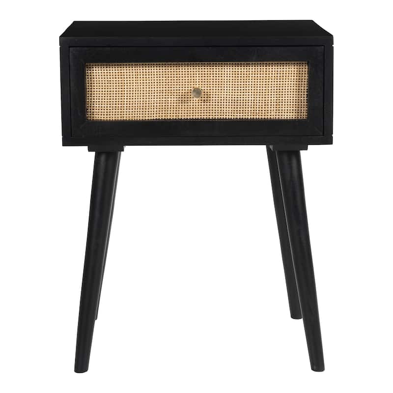 Glenda Solid Wood One-Drawer Nightstand - Black / Natural Woven Cane