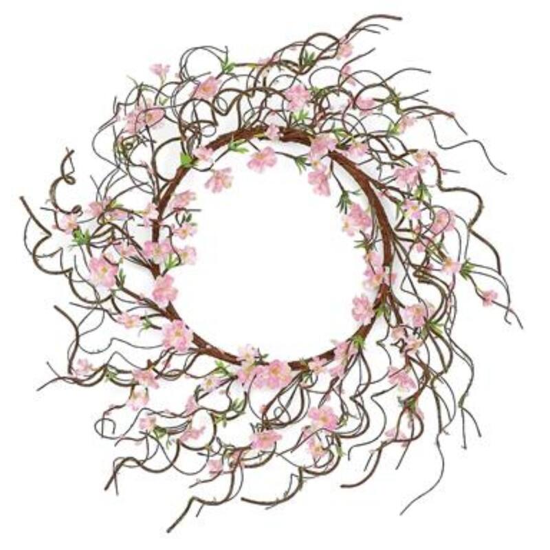 Twiggy Cherry Blossoms Artificial Spring Wreath, Pink Brown 24-Inch