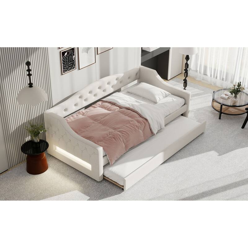 Upholstered Twin XL Daybed with LED Lighting and Trundle, Beige
