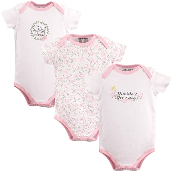 slide 1 of 1, Luvable Friends Baby Girl Cotton Bodysuits 3pk, Bee Happy 0-3 Months - Bee Happy