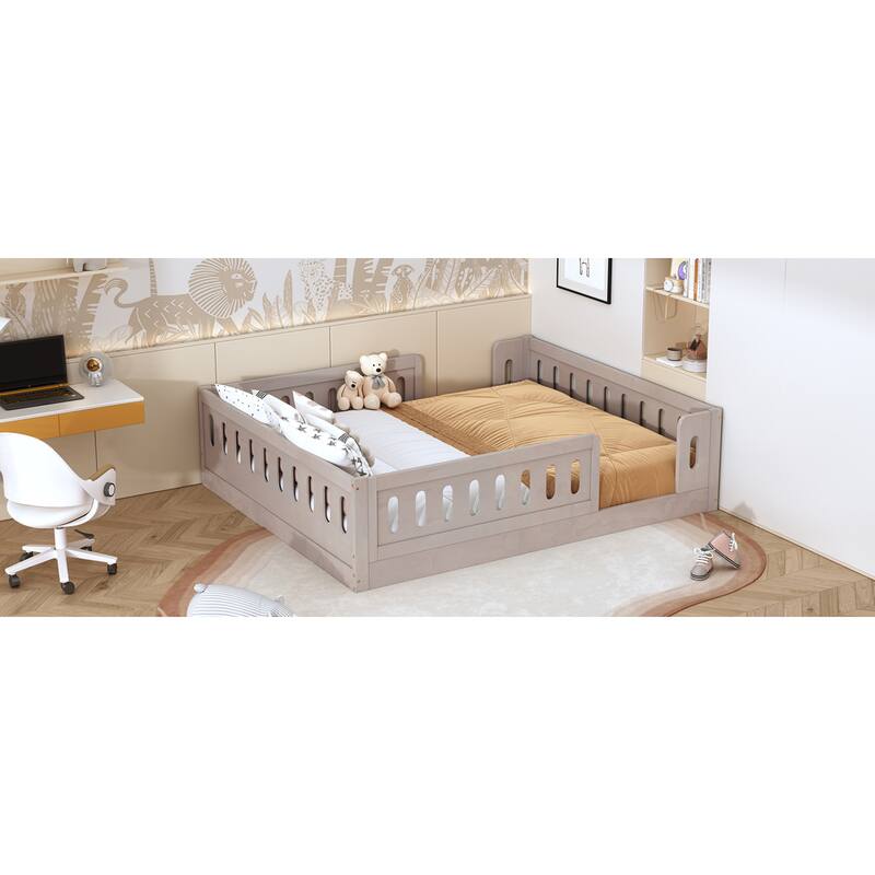 Roomfitters Full Size Wood Platform Bed with Semi-Enclosed Guardrail, Low Profile