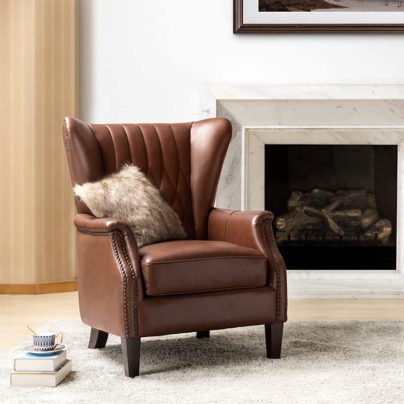 Xaver Traditional Genuine Leather Armchair With Solid Wood Legs by HULALA HOME - Brown
