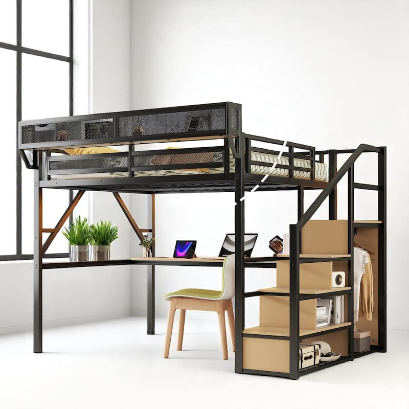 Metal Loft Bed Full/Queen with Desk, LED Lights, USB Ports, Shelves, Staircase and Built-In Wardrobe for Teens - Black - Queen