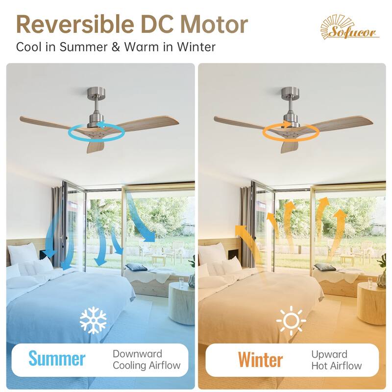Sofucor 48/52 Inch Ceiling Fan with Light, Solid Wood Blades for Living Room, Bedroom,Smart Optional