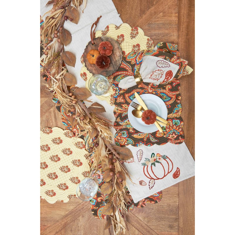 Dorothy Autumnal Brown Quilted Scalloped Paisley Floral Accents Placemats Set of 6, 17" - Multicolored