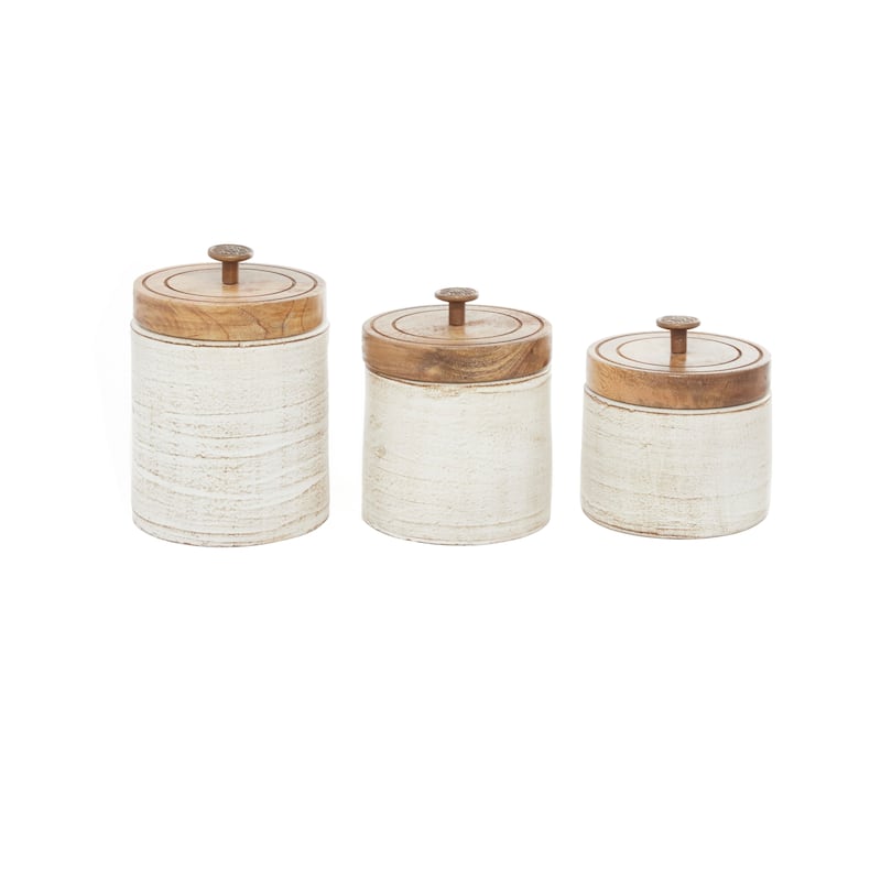 Ceramic Decorative Jars with Wood Lids - Set of 3 White - Roche River Decor - 6"W x 5"L x 8"H