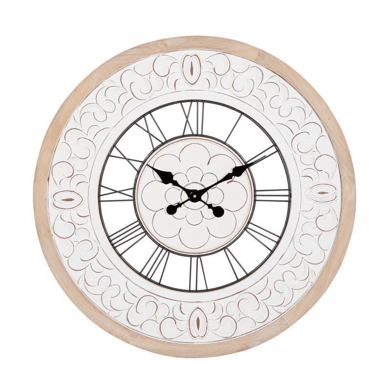 Wooden Floral Carved Wall Clock with Black Metal Accents - White - Roche River Decor - 2"W x 32"L x 32"H