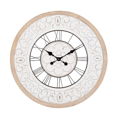 Wooden Floral Carved Wall Clock with Black Metal Accents - White - Roche River Decor - 2"W x 32"L x 32"H
