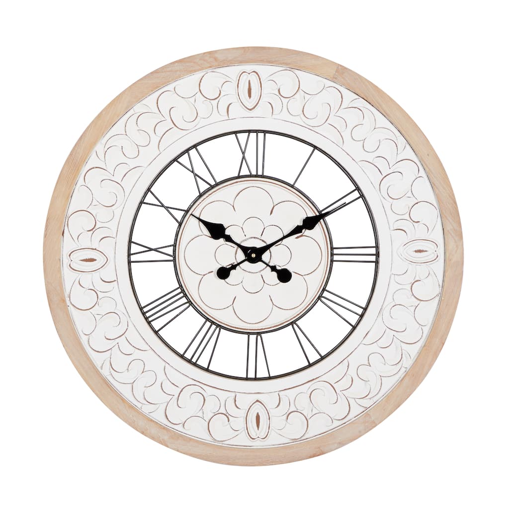 Wooden Floral Carved Wall Clock with Black Metal Accents - White - Roche River Decor - 2"W x 32"L x 32"H