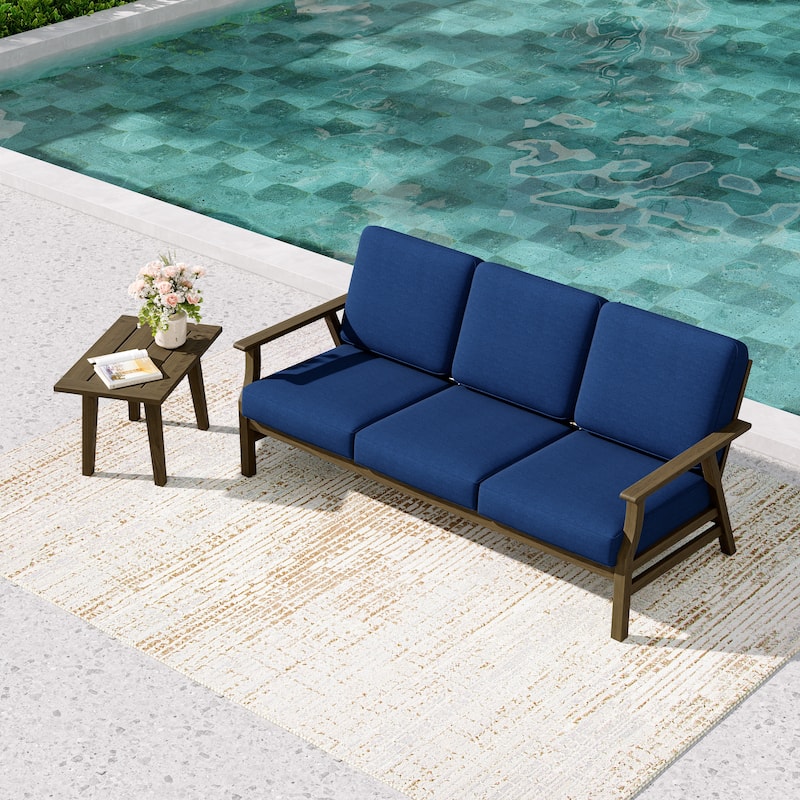 2-Piece Teak Outdoor Sofa Set with Table - Navy/side table - Brown Wood