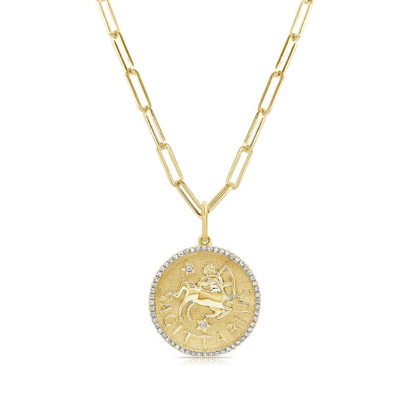 Zodiac Diamond Sign Necklace 14k Gold - Coin Pendant - Yellow Gold Diamond Necklace for Her - Women's Neckace