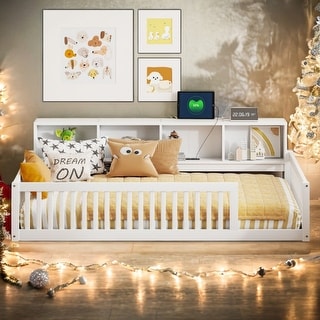 White Wood Twin XL Size Daybed with USB Ports and Storage Shelves, Box Spring Not Required