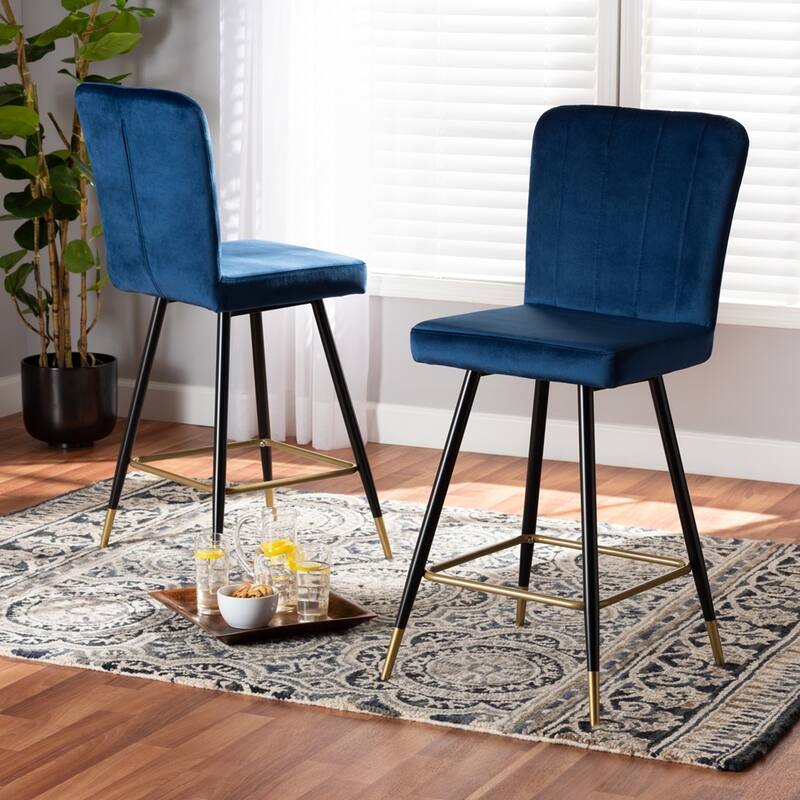 Preston Modern Luxe and Glam Velvet Fabric Upholstered Black and Gold Finished Metal 2-Piece Bar Stool Set